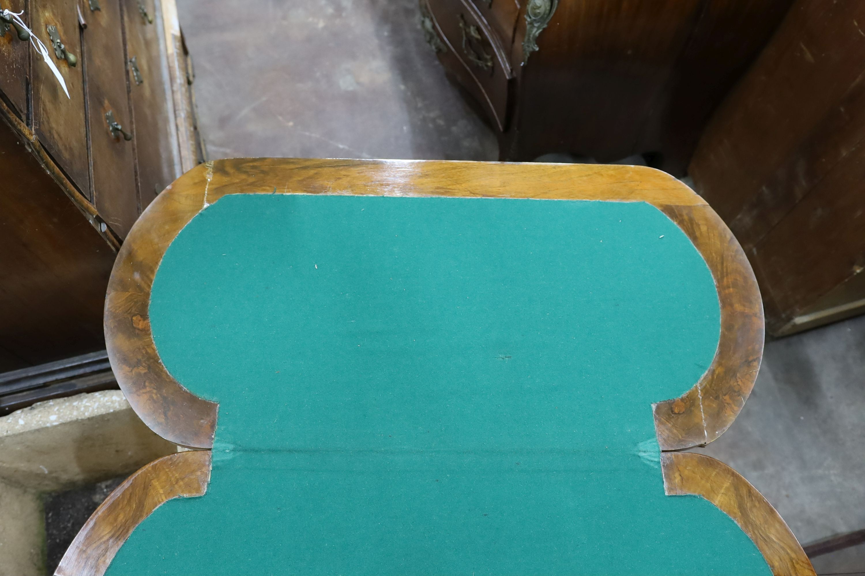 A Victorian burr walnut folding card table, width 92cm, depth 44cm, height 69cm